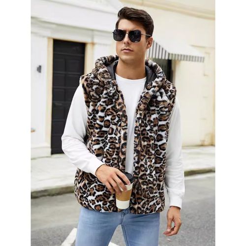 Leopard Men's Faux Fur Vest Winter Warm Sleeveless Jacket with Turn-Down Collar and Hood - milanoo.com - Modalova