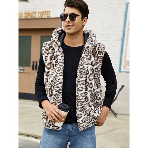 Leopard Men's Faux Fur Vest Winter Warm Sleeveless Jacket with Turn-Down Collar and Hood - milanoo.com - Modalova