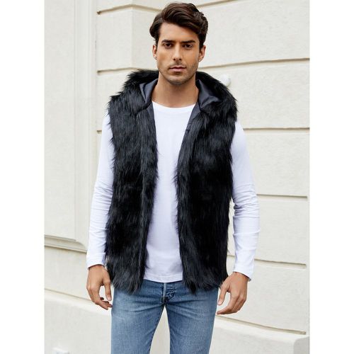 Men's Faux Fur Vest Sleeveless Jacket with Turn-Down Collar and Hood - milanoo.com - Modalova