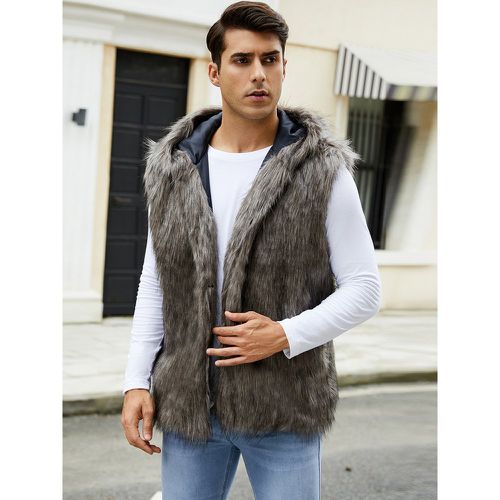 Men's Faux Fur Vest Sleeveless Jacket with Turn-Down Collar and Hood - milanoo.com - Modalova