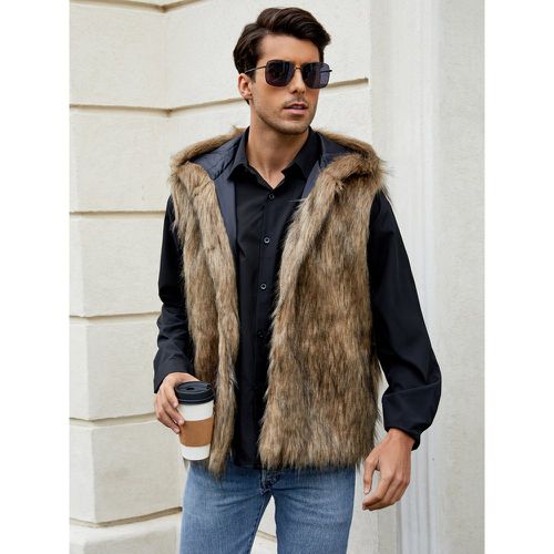 Men's Faux Fur Vest Sleeveless Jacket with Turn-Down Collar and Hood - milanoo.com - Modalova