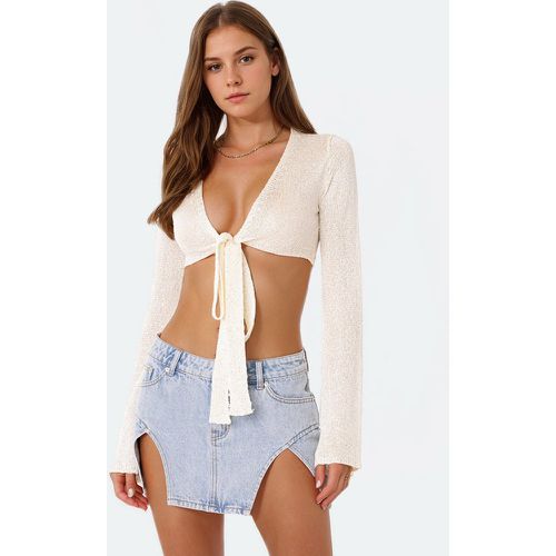 Women Crop Top Acrylic Lace Up V-Neck Long Sleeves Sexy Tops - milanoo.com - Modalova