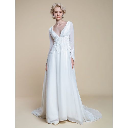 Boho Wedding Dress Polyester Lace A-Line With Train Empire Waist Zipper Long Sleeves V-Neck - milanoo.com - Modalova