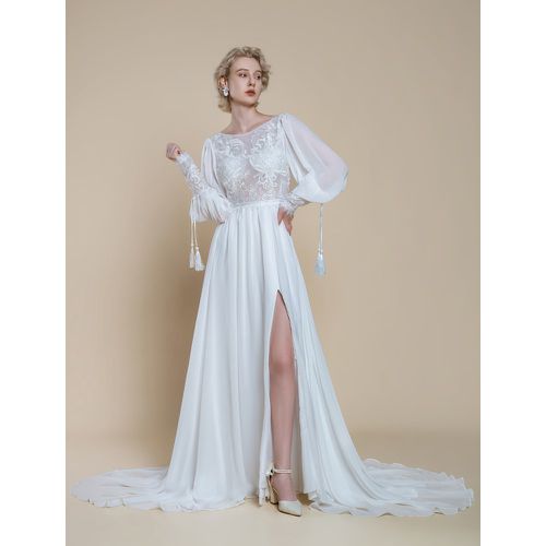 Boho Wedding Dress Lace Cut Out A-Line With Train Natural Waist Backless Long Sleeves Jewel Neck - milanoo.com - Modalova