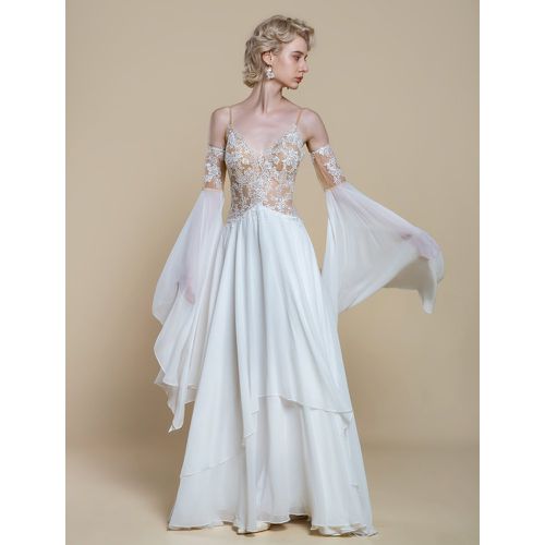 Boho Wedding Dress Polyester Lace A-Line With Train Natural Waist Spaghetti Straps Zipper Long Sleeves Designed Neckline - milanoo.com - Modalova