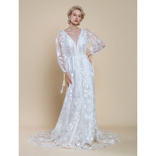 Boho Wedding Dress Polyester Lace A-Line With Train Natural Waist Backless Long Sleeves V-Neck - milanoo.com - Modalova