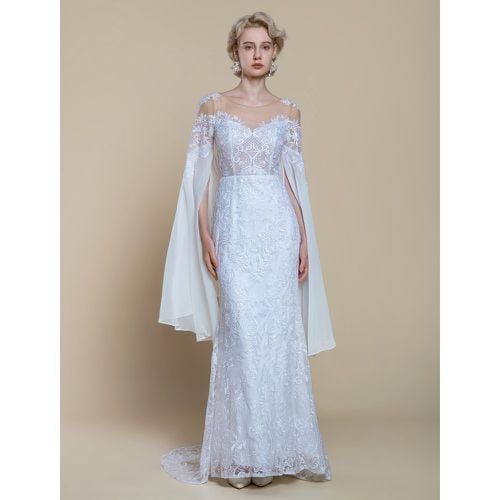 Boho Wedding Dress Polyester Tiered Mermaid With Train Natural Waist Zipper Long Sleeves Illusion Neckline - milanoo.com - Modalova