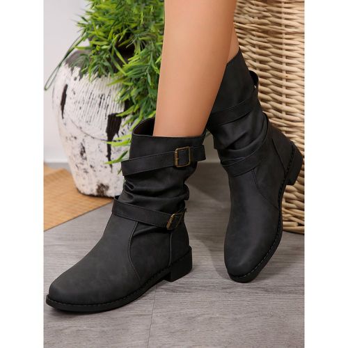 Women Ankle Boots Coffee Brown Buckle Booties PU Leather Round Toe Flat - milanoo.com - Modalova