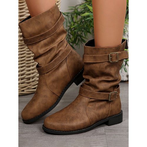 Women Ankle Boots Buckle Booties PU Leather Round Toe Flat - milanoo.com - Modalova