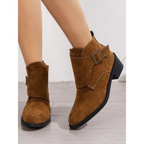 Women Ankle Boots Buckle Booties Suede Leather Round Toe Flat - milanoo.com - Modalova