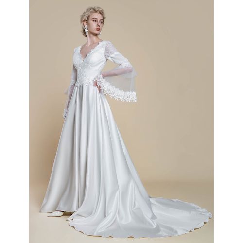 Boho Wedding Dress Polyester Lace Ball Gown With Train Natural Waist Backless Long Sleeves V-Neck - milanoo.com - Modalova