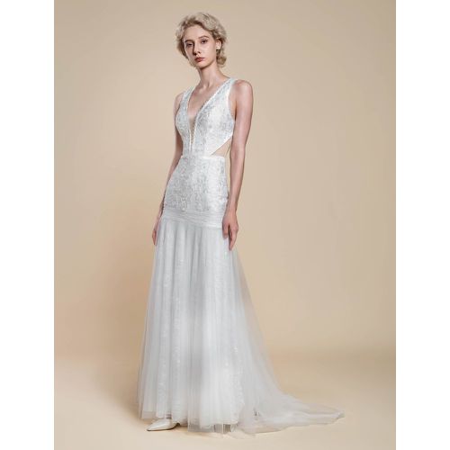 Boho Wedding Dress Polyester Cut Out Mermaid With Train Natural Waist Backless Sleeveless V-Neck - milanoo.com - Modalova