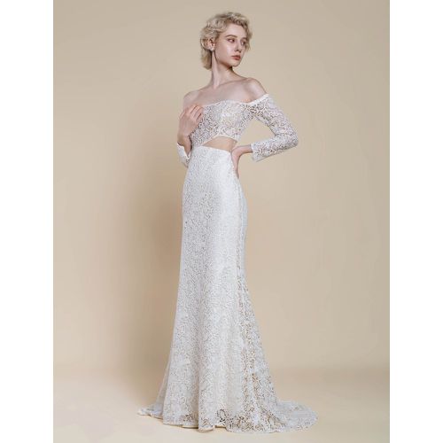 Boho Wedding Dress Lace Mermaid With Train Natural Waist Zipper Long Sleeves Bateau Neck - milanoo.com - Modalova