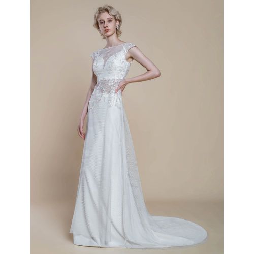 Two-piece Wedding Dress Lace Lace Illusion Neckline Sheath With Train Zipper Short Sleeves Long 30cm - milanoo.com - Modalova