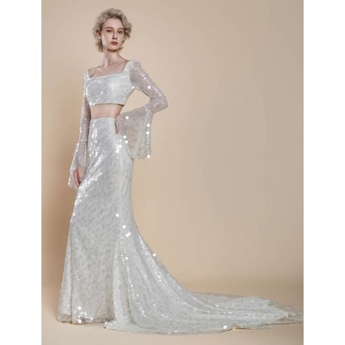 Two-piece Wedding Dress Sequined Sequins Square Neck Mermaid With Train Zipper Long Sleeves Long - milanoo.com - Modalova