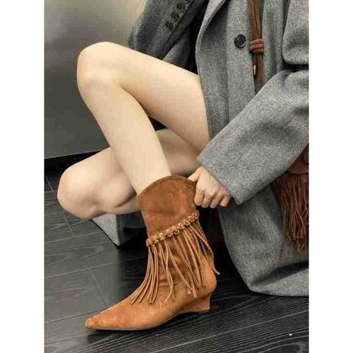 Women Ankle Boots Suede Wedge Heel Booties With Tassles - milanoo.com - Modalova