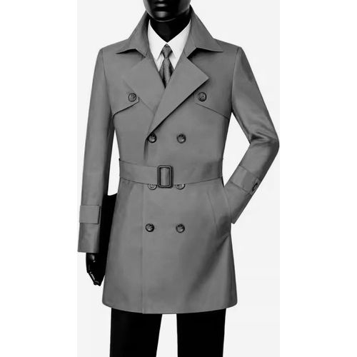 Classic Trench Coat Mid-Length Double Breasted Notched Lapel Business Slim Fit Coat With Belt - milanoo.com - Modalova