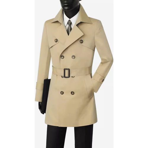 Classic Trench Coat Mid-Length Double Breasted Notched Lapel Business Slim Fit Coat With Belt - milanoo.com - Modalova