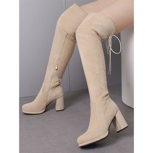 Over The Knee Boots Brown Micro Suede Upper Women's Round Toe Thigh High Boots Chunky Heel - milanoo.com - Modalova