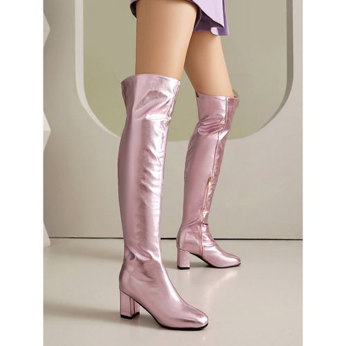 Over The Knee Boots Silver PU Leather Women's Round Toe Over The Knee Boots Chunky Heel - milanoo.com - Modalova