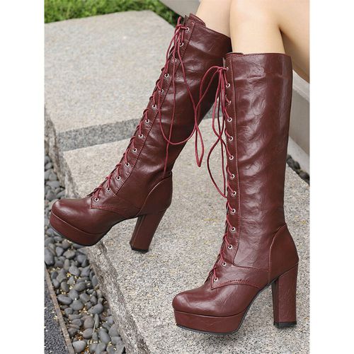 Knee Boots Women's PU Leather Chunky Heel Knee-High Boots - milanoo.com - Modalova