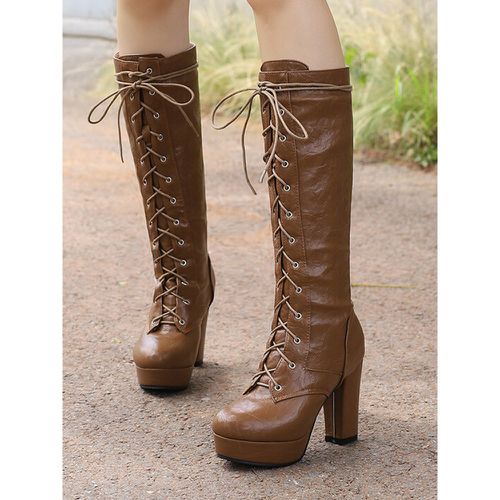 Knee Boots Women's PU Leather Chunky Heel Knee-High Boots - milanoo.com - Modalova