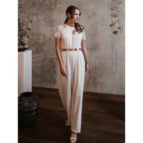 Bridal Jumpsuit Stretch Crepe Pleated Ankle-Length Jumpsuit Jewel Neck Short Sleeves Natural Waist - milanoo.com - Modalova