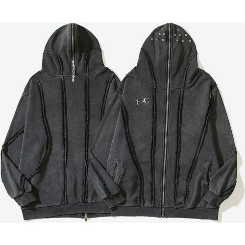 Men's Trendy American Washed Zipper Shark Masked Hooded Cardigan Sweatshirt Loose Jacket - milanoo.com - Modalova