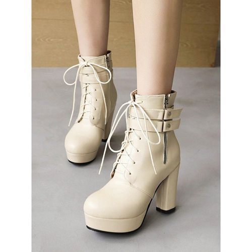 Women's White Round Toe Booties Chunky Heel Ankle Boots - milanoo.com - Modalova