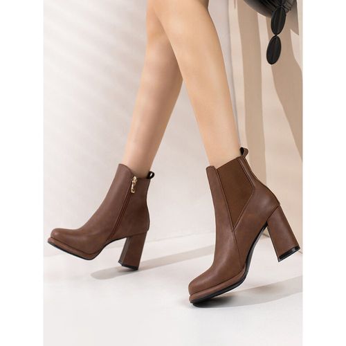 Women Ankle Boots Red PU Leather Booties Round Toe Chunky Heel - milanoo.com - Modalova