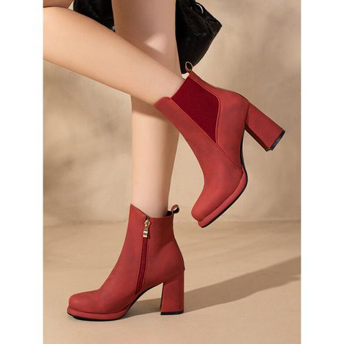 Women Ankle Boots PU Leather Booties Round Toe Chunky Heel - milanoo.com - Modalova