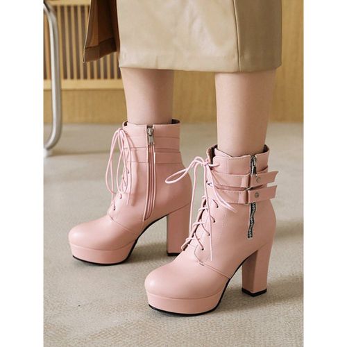 Women's White Round Toe Booties Chunky Heel Ankle Boots - milanoo.com - Modalova