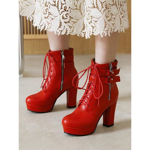 Women's White Round Toe Booties Chunky Heel Ankle Boots - milanoo.com - Modalova