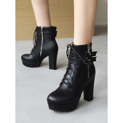 Women's White Round Toe Booties Chunky Heel Ankle Boots - milanoo.com - Modalova