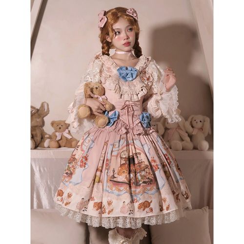 Sweet Lolita Outfits Red Floral Print Bows Ruffles Short Sleeves Top Skirt - milanoo.com - Modalova