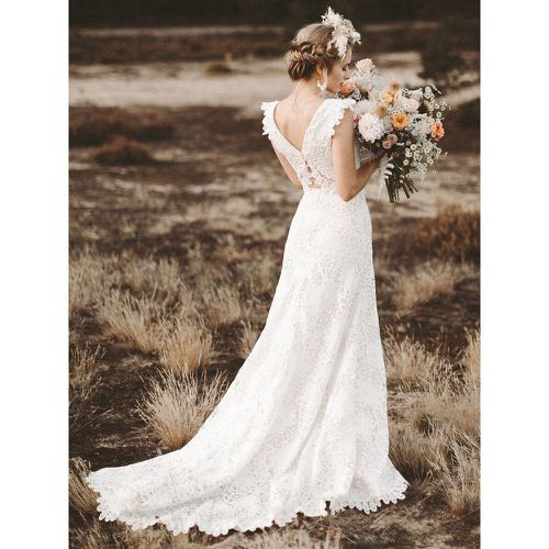 Two-piece Wedding Dress Lace Lace V-Neck Two-piece With Train Zipper Sleeveless Long 30cm - milanoo.com - Modalova