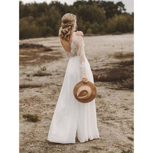 Bridal Jumpsuit Chiffon Ruffles Floor-Length Jumpsuit Designed Neckline Long Sleeves Natural Waist - milanoo.com - Modalova