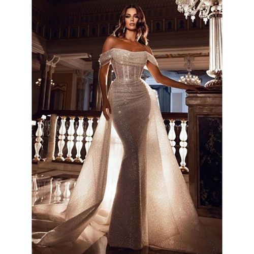 Wedding Dresses Strapless Short Sleeves Natural Waist Pleated With Train Bridal Dresses - milanoo.com - Modalova