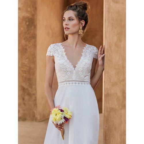 Bridal Jumpsuit Chiffon Lace Floor-Length Jumpsuit V-Neck Short Sleeves Natural Waist - milanoo.com - Modalova