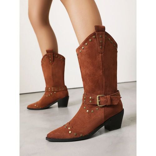 Micro Suede Upper Apricot Pointed Toe Chunky Heel Mid Calf Boots For Women Boots - milanoo.com - Modalova