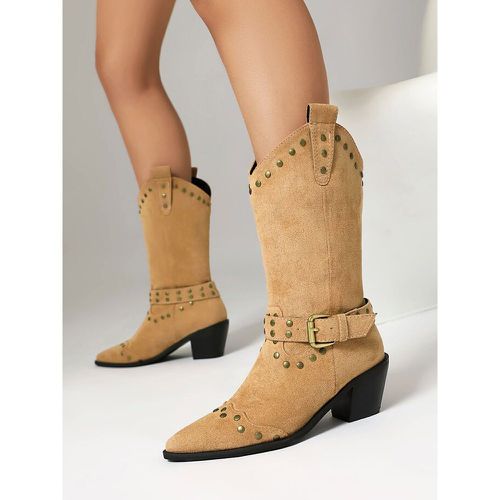 Micro Suede Upper Pointed Toe Chunky Heel Mid Calf Boots For Women Boots - milanoo.com - Modalova