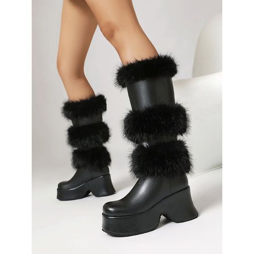 Mid Calf Boots Women's PU Leather Round Toe Chunky Heel Boots - milanoo.com - Modalova