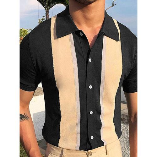 Men’s Lapel T-Shirt Single Breasted Knitted Short Sleeved Polo Shirt - milanoo.com - Modalova