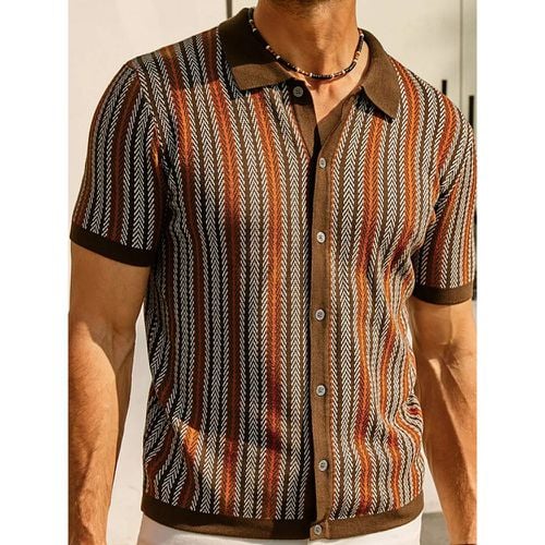 Men’s Lapel T-Shirt Striped Single Breasted Short Sleeved Polo Shirt - milanoo.com - Modalova