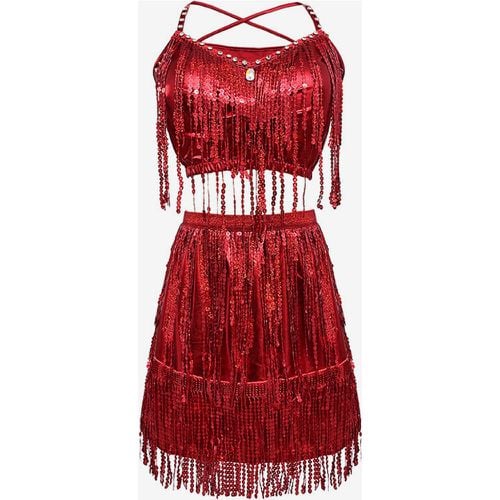 Latin Dance Gold Sequins Fringe Set Sexy Skirt Top Dancing Costume - milanoo.com - Modalova