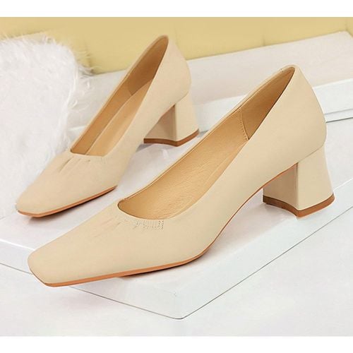 Women's Mid-Low Heels Slip-On Square Toe Chunky Heel Daily Casual Pumps Black - milanoo.com - Modalova