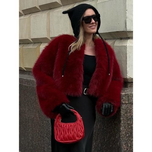 Faux Fur Coats Raised Waist Long Sleeves Women Coat - milanoo.com - Modalova