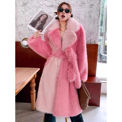 Faux Fur Coats Raised Waist Long Sleeves Color Block Lace-up Women Coat - milanoo.com - Modalova