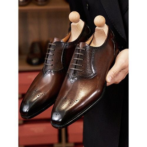 Man's Dress Shoes Stylish Square Toe Leather Brogue Formal Wedding Shoes - milanoo.com - Modalova