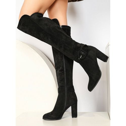 Suede Over The Knee Boots Round Toe Chunky Heel Buckle Detail Boots - milanoo.com - Modalova